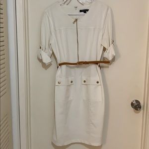 Sharagano white dress with caramel colored belt